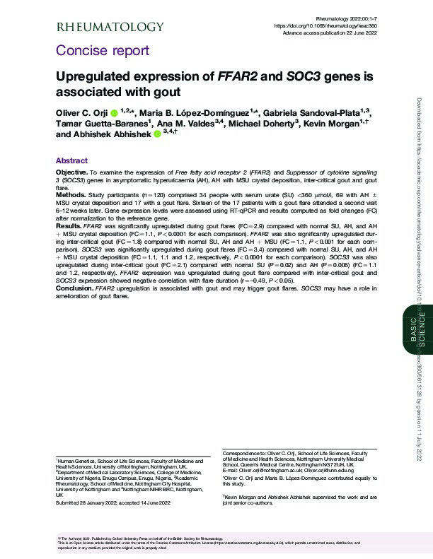 Upregulated expression of  FFAR2 and SOC3 genes is associated with gout Thumbnail