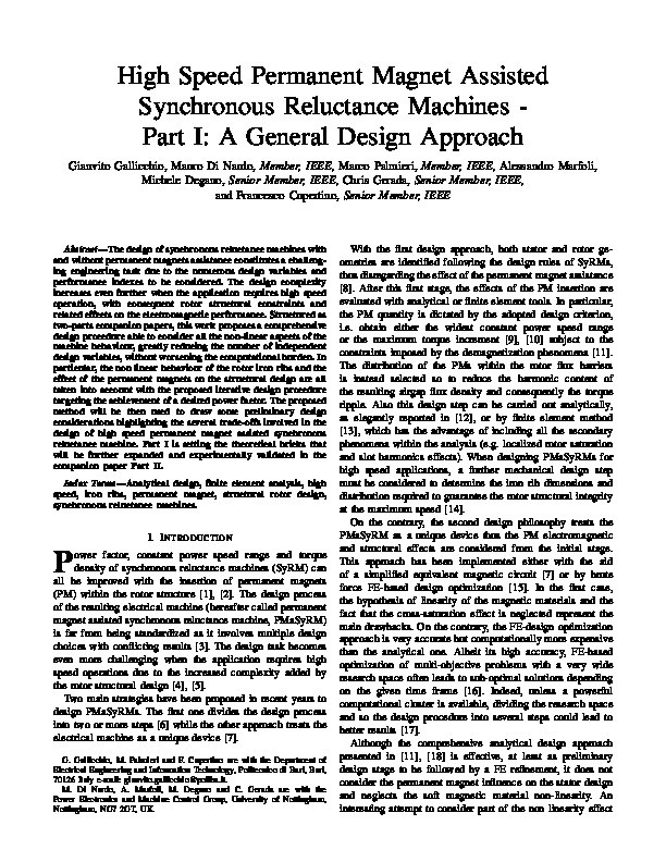 High Speed Permanent Magnet Assisted Synchronous Reluctance Machines - Part I: A General Design Approach Thumbnail