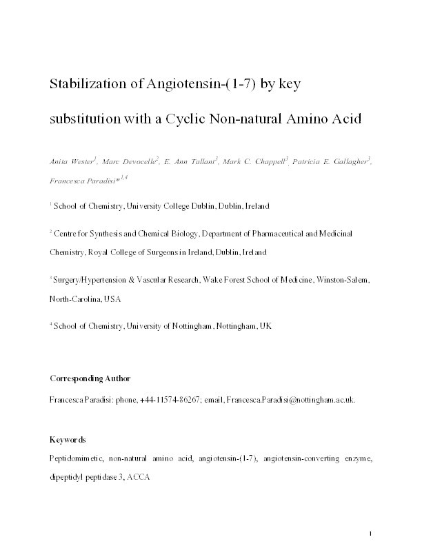 Stabilization of angiotensin-(1-7) by key substitution with a cyclic non-natural amino acid Thumbnail