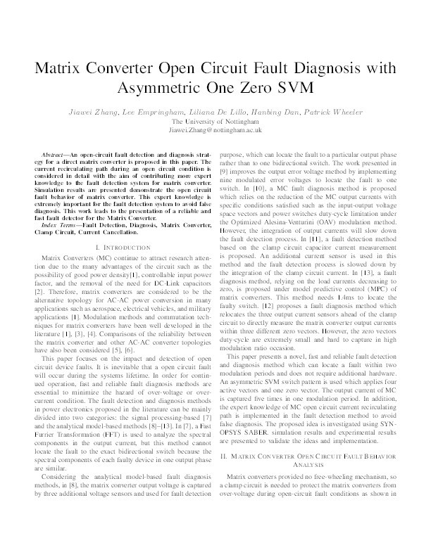 Matrix converter open circuit fault diagnosis with asymmetric one zero SVM Thumbnail