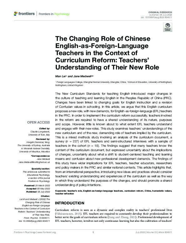 The Changing Role of Chinese English-as-Foreign-Language Teachers in the Context of Curriculum Reform: Teachers’ Understanding of Their New Role Thumbnail