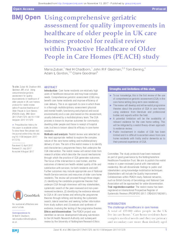 Using comprehensive geriatric assessment for quality improvements in healthcare of older people in UK care homes: protocol for realist review within Proactive Healthcare of Older People in Care Homes (PEACH) study Thumbnail