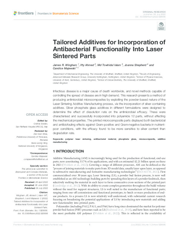Tailored Additives for Incorporation of Antibacterial Functionality Into Laser Sintered Parts Thumbnail