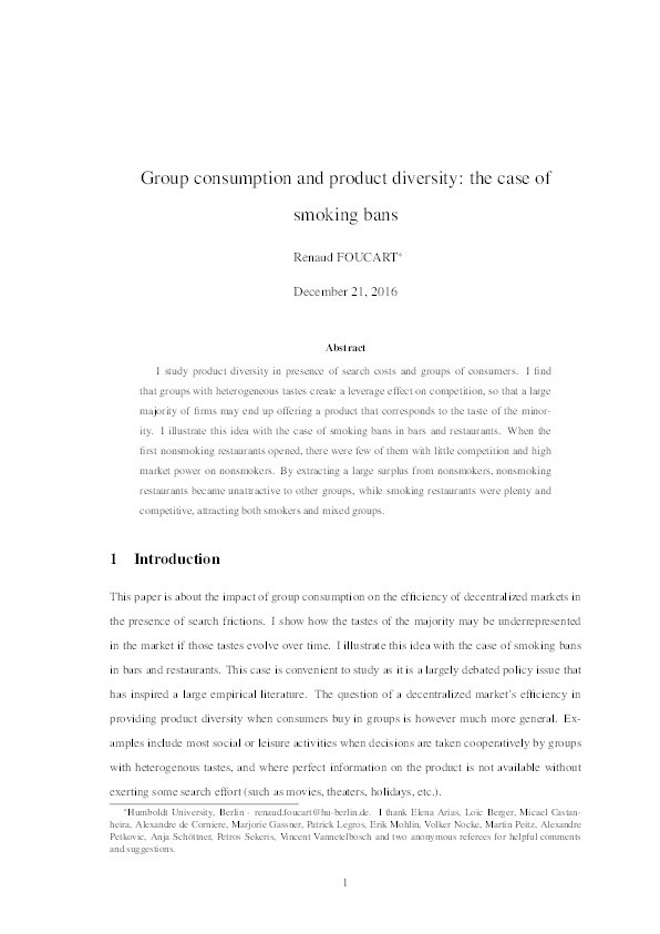 Group consumption and product diversity: the case of smoking bans Thumbnail