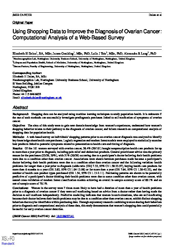 Using Shopping Data to Improve the Diagnosis of Ovarian Cancer: Computational Analysis of a Web-Based Survey Thumbnail