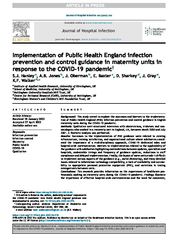 Implementation of Public Health England infection prevention and control guidance in maternity units in response to the COVID-19 pandemic Thumbnail
