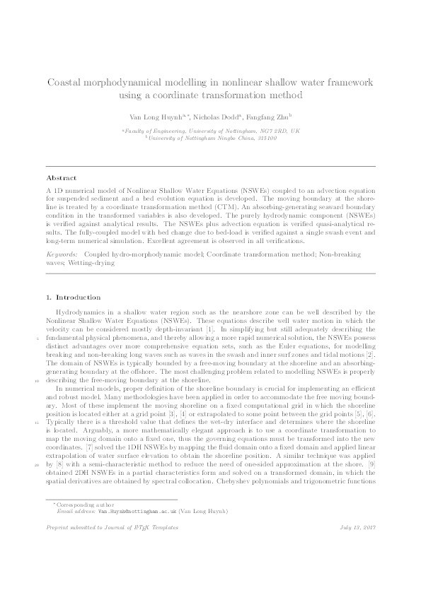 Coastal morphodynamical modelling in nonlinear shallow water framework using a coordinate transformation method Thumbnail