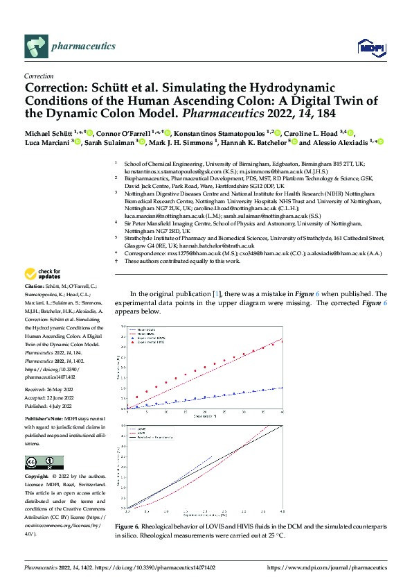 Correction: Schütt et al. Simulating the Hydrodynamic Conditions of the Human Ascending Colon: A Digital Twin of the Dynamic Colon Model. (Pharmaceutics (2022), (14), (184)) Thumbnail
