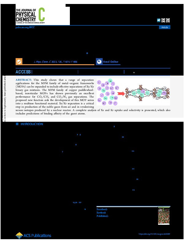 Computational Predictions for Effective Separation of Xenon/Krypton Gas Mixtures in the MFM Family of Metal-Organic Frameworks Thumbnail