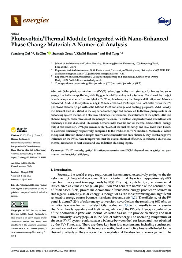 Photovoltaic/Thermal Module Integrated with Nano-Enhanced Phase Change Material: A Numerical Analysis Thumbnail