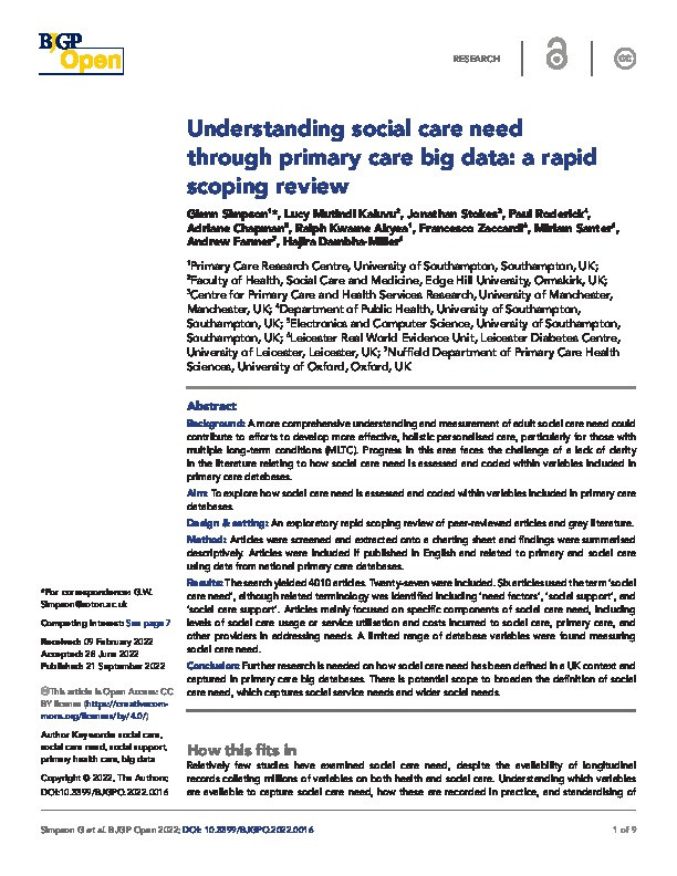 Understanding social care need through primary care big data: a rapid scoping review Thumbnail