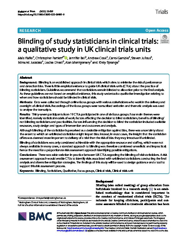 Blinding of study statisticians in clinical trials: a qualitative study in UK clinical trials units Thumbnail