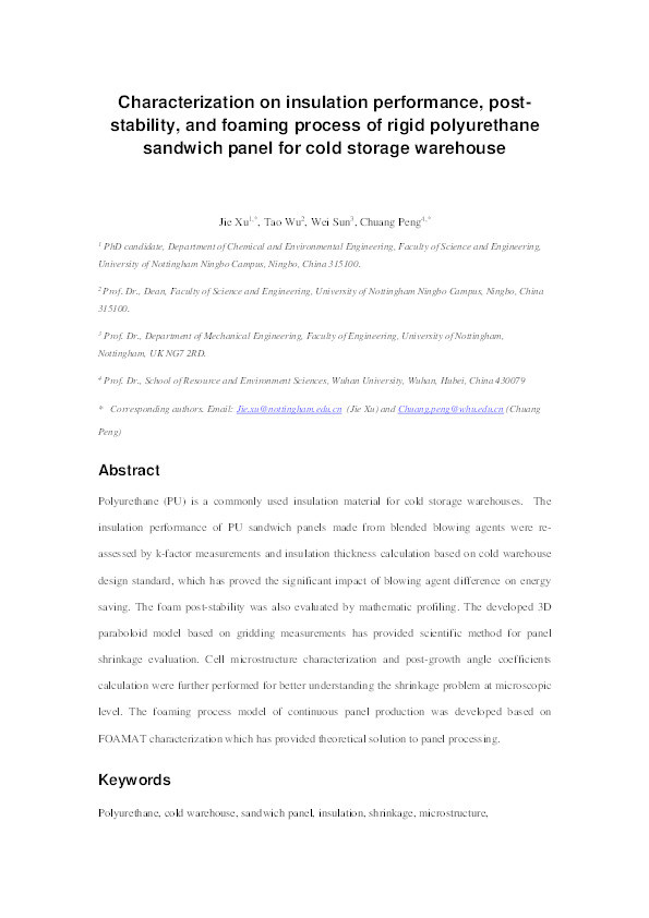 Characterization on insulation performance, poststability, and foaming process of rigid polyurethane sandwich panel for cold storage warehouse Thumbnail