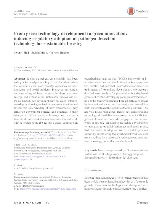 From green technology development to green innovation: inducing regulatory adoption of pathogen detection technology for sustainable forestry Thumbnail