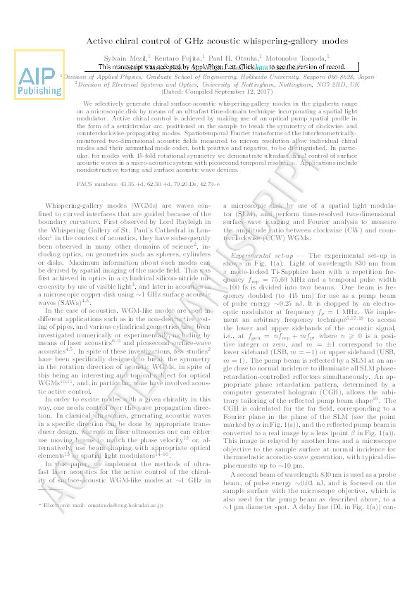 Active chiral control of GHz acoustic whispering-gallery modes Thumbnail