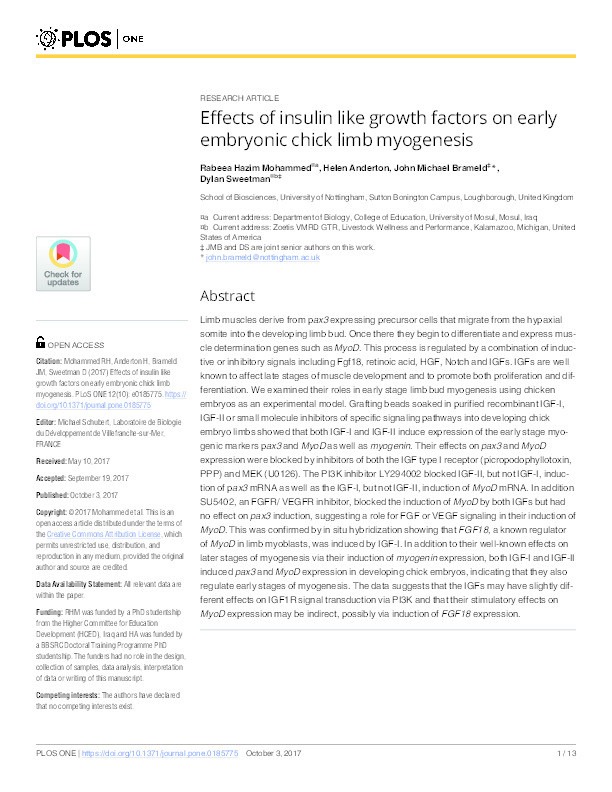 Effects of insulin like growth factors on early embryonic chick limb myogenesis Thumbnail