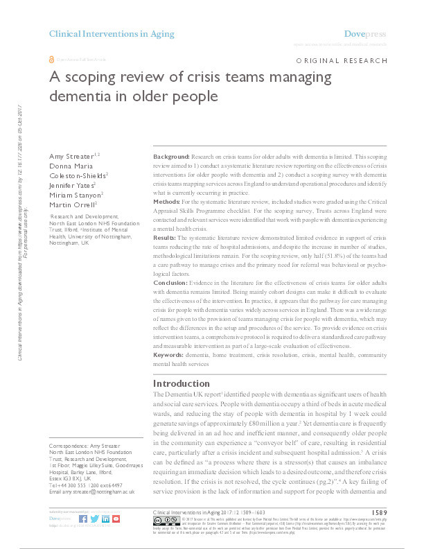 A scoping review of crisis teams managing dementia in older people Thumbnail