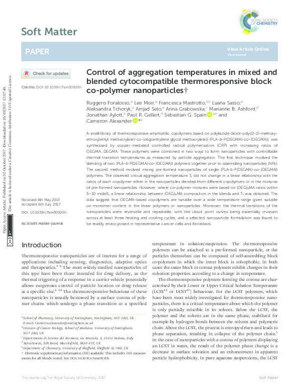 Control of aggregation temperatures in mixed and blended cytocompatible thermoresponsive block co-polymer nanoparticles Thumbnail
