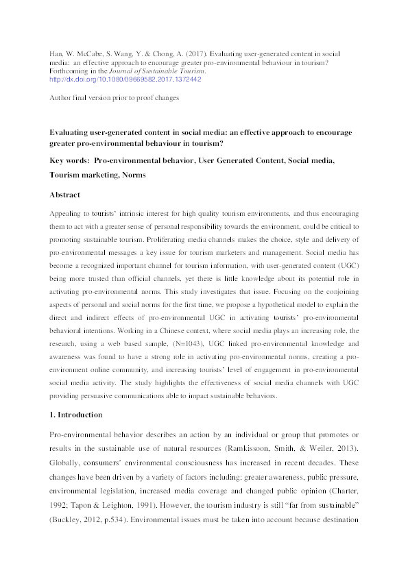 Evaluating user-generated content in social media: an effective approach to encourage greater pro-environmental behavior in tourism? Thumbnail