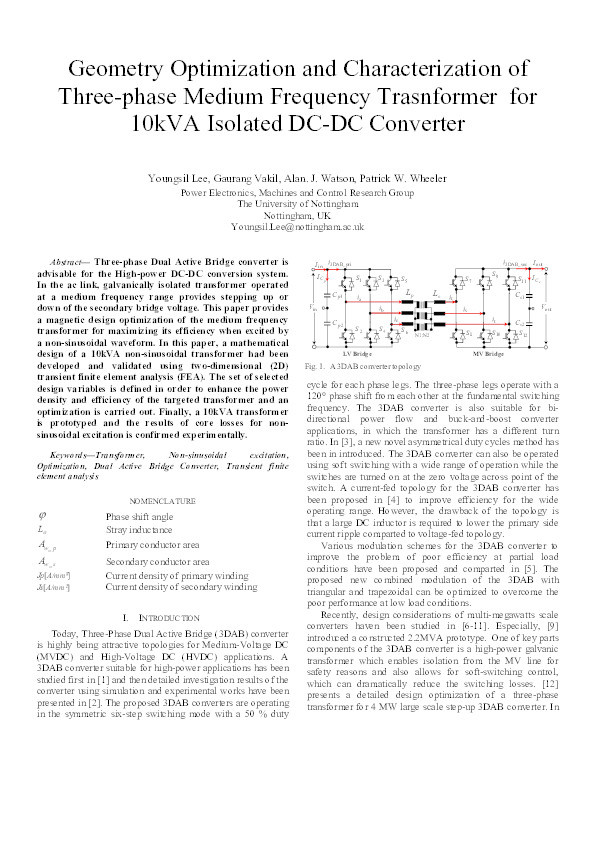 Geometry optimization and characterization of three-phase medium frequency transformer for 10kVA isolated DC-DC converter Thumbnail
