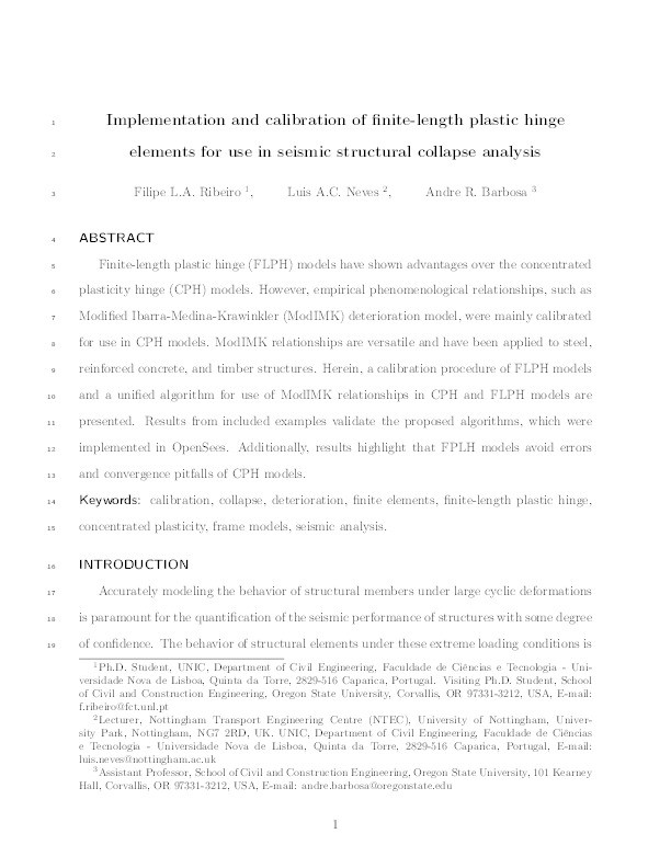 Implementation and Calibration of Finite-Length Plastic Hinge Elements for Use in Seismic Structural Collapse Analysis Thumbnail