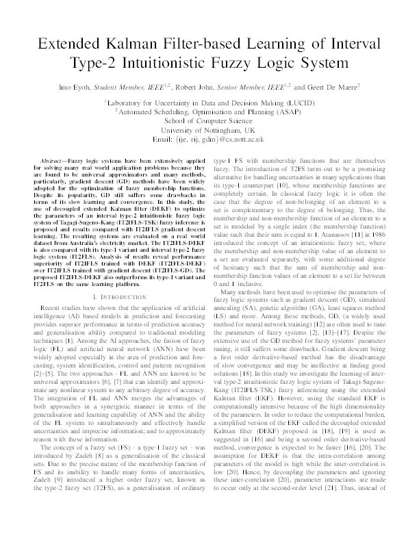 Extended Kalman filter-based learning of interval type-2 intuitionistic fuzzy logic system Thumbnail