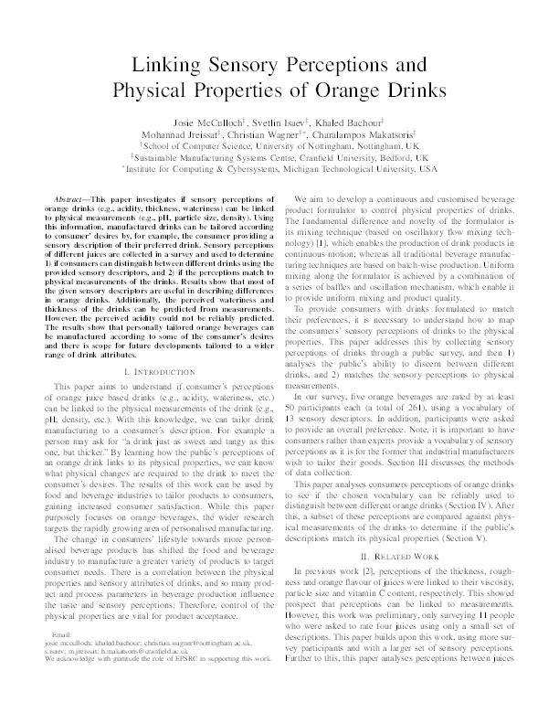 Linking sensory perceptions and physical properties of orange drinks Thumbnail