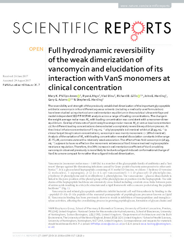 Full hydrodynamic reversibility of the weak dimerization of vancomycin and elucidation of its interaction with VanS monomers at clinical concentration Thumbnail