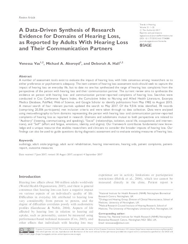 A data-driven synthesis of research evidence for domains of hearing loss, as reported by adults with hearing loss and their communication partners Thumbnail