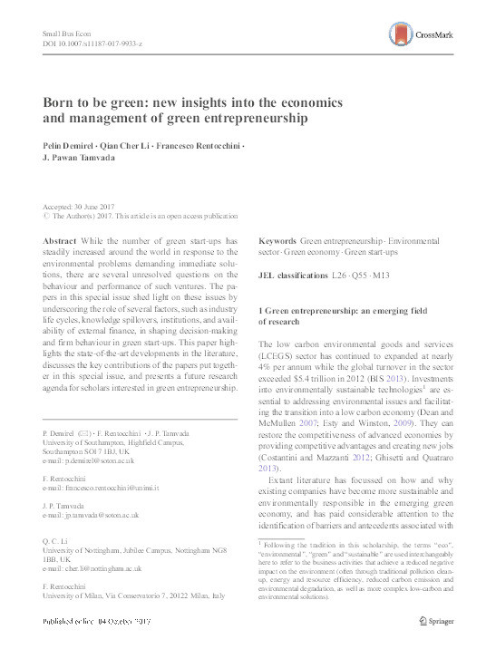 Born to be green: new insights into the economics and management of green entrepreneurship Thumbnail