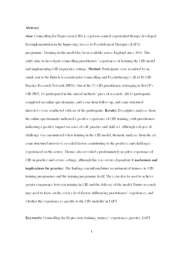 Practitioners’ experiences of learning and implementing Counselling for Depression (CfD) in routine practice settings Thumbnail