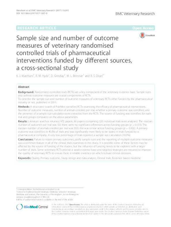 Sample size and number of outcome measures of veterinary randomised controlled trials of pharmaceutical interventions funded by different sources, a cross-sectional study Thumbnail