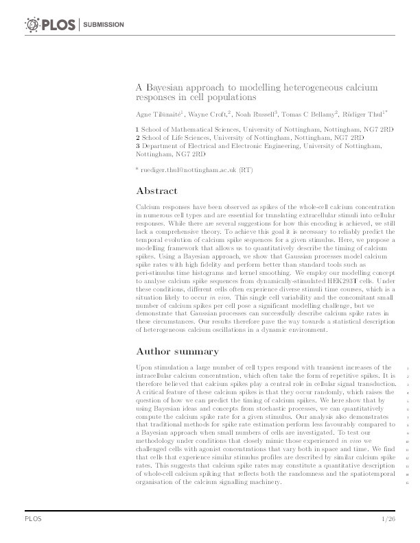 A Bayesian approach to modelling heterogeneous calcium responses in cell populations Thumbnail