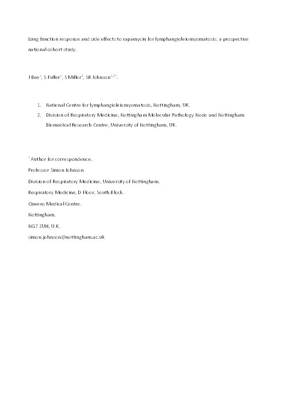 Lung function response and side effects to rapamycin for lymphangioleiomyomatosis: A prospective national cohort study Thumbnail
