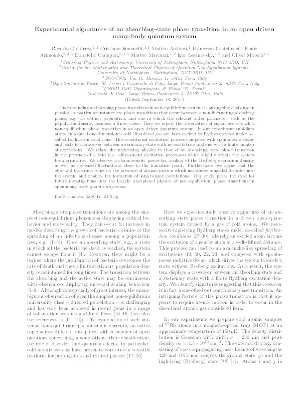 Experimental signatures of an absorbing-state phase transition in an open driven many-body quantum system Thumbnail