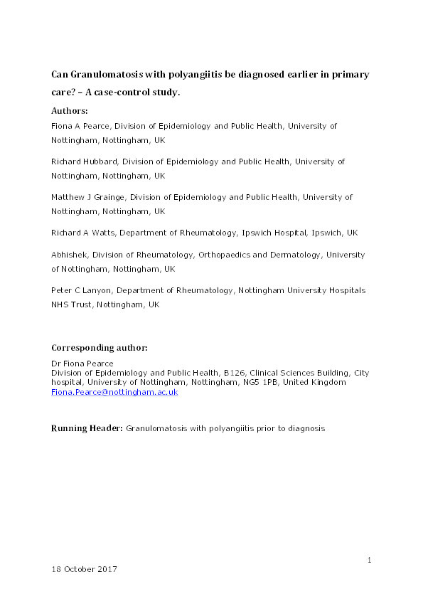 Can granulomatosis with polyangiitis be diagnosed earlier in primary care? A case-control study Thumbnail