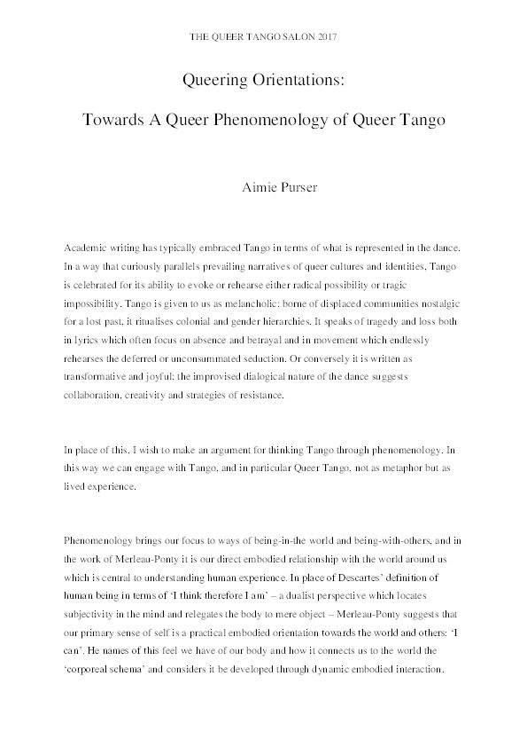 Queering orientations: towards a queer phenomenology of queer tango Thumbnail