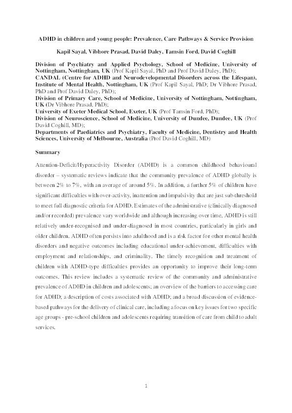 ADHD in children and young people: prevalence, care pathways & service provision Thumbnail