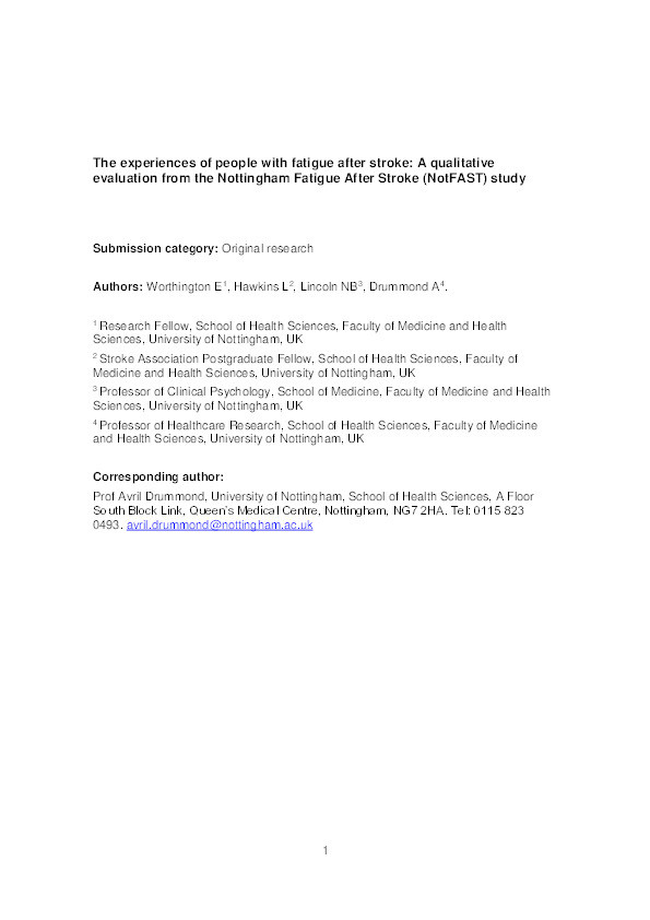 The day-to-day experiences of people with fatigue after stroke: Results from the Nottingham Fatigue After Stroke study Thumbnail