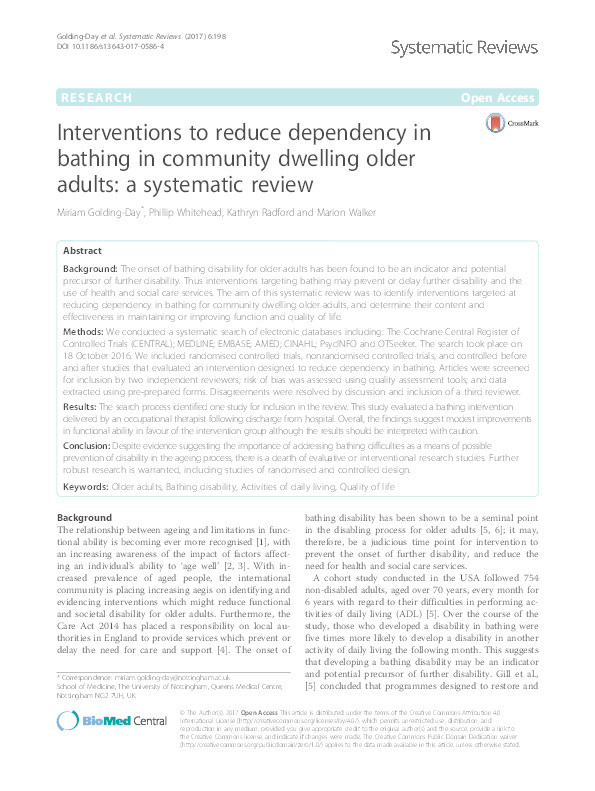 Interventions to reduce dependency in bathing in community dwelling older adults: a systematic review Thumbnail