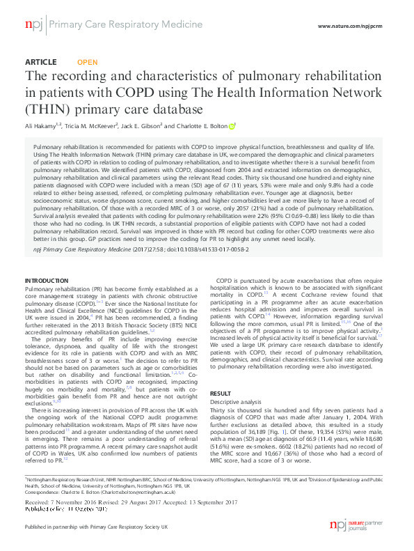 The recording and characteristics of pulmonary rehabilitation in patients with COPD using The Health Information Network (THIN) primary care database Thumbnail