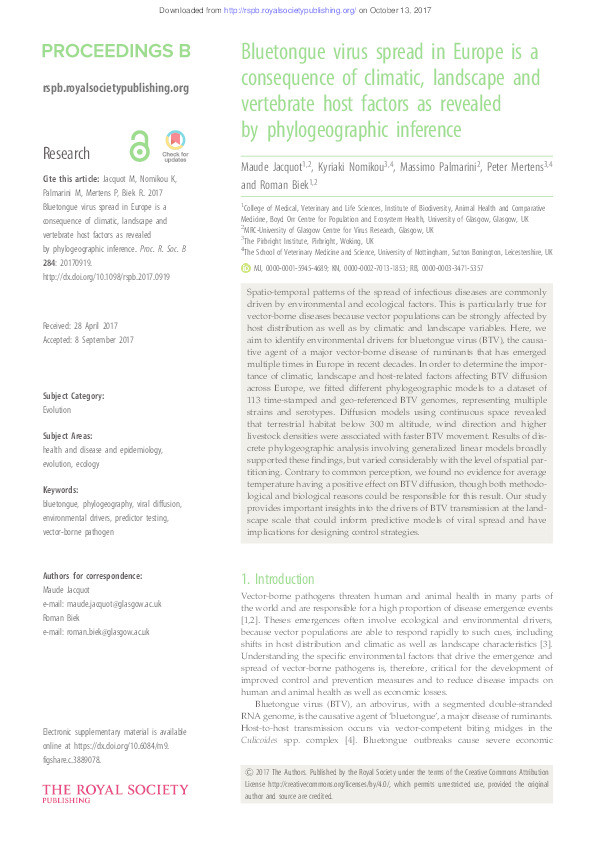 Bluetongue virus spread in Europe is a consequence of climatic, landscape and vertebrate host factors as revealed by phylogeographic inference Thumbnail