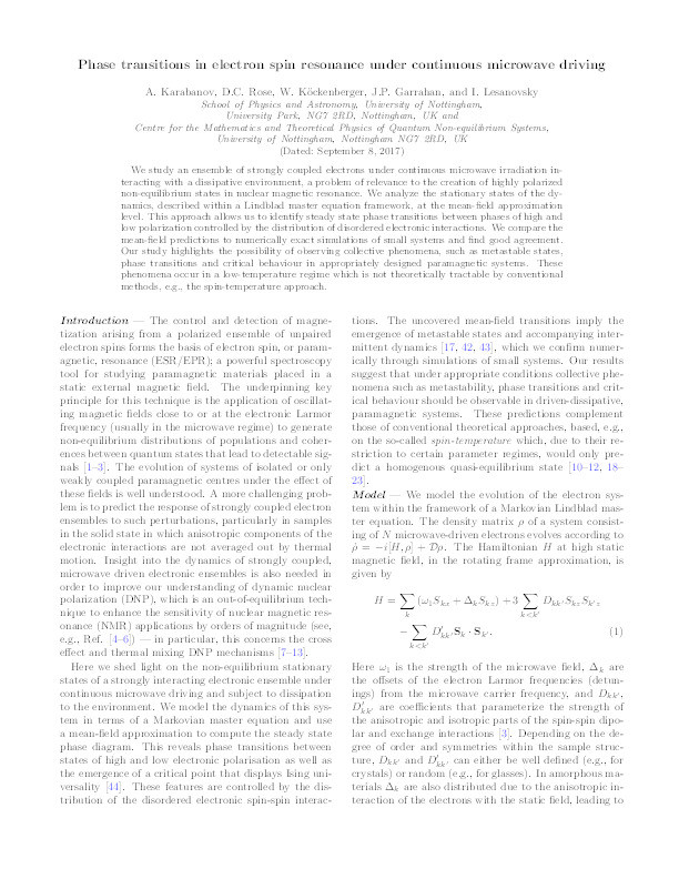 Phase transitions in electron spin resonance under continuous microwave driving Thumbnail