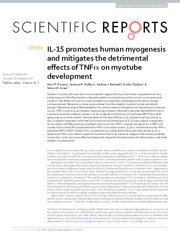 IL-15 promotes human myogenesis and mitigates the detrimental effects of TNF? on myotube development Thumbnail