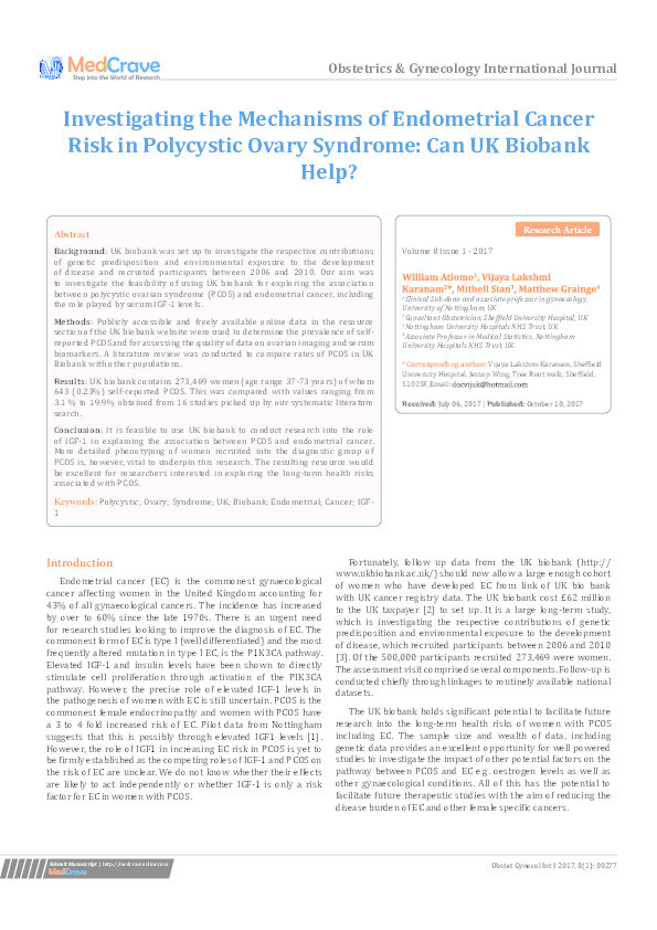Investigating the mechanisms of endometrial cancer risk in polycystic ovary syndrome: can UK biobank help? Thumbnail
