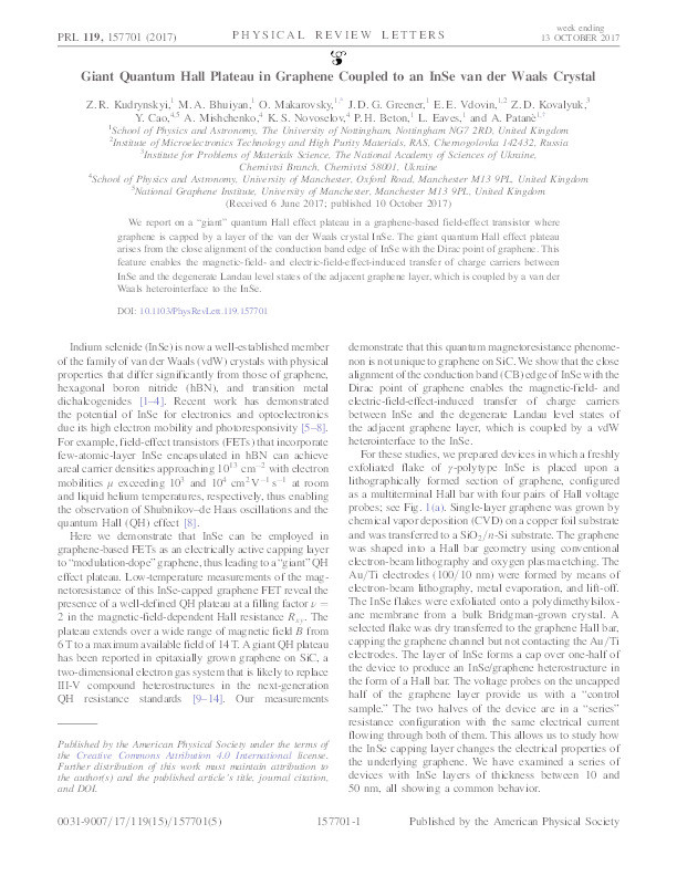 Giant Quantum Hall Plateau in Graphene Coupled to an InSe van der Waals Crystal Thumbnail