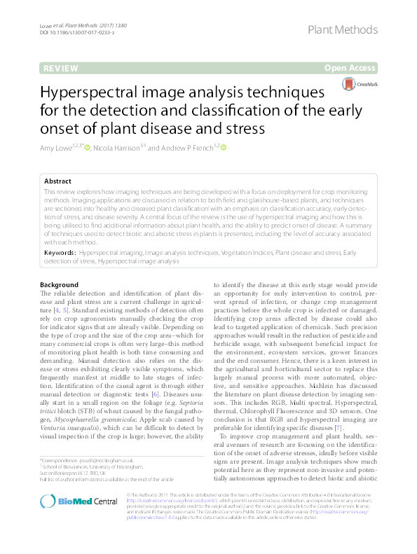 Hyperspectral image analysis techniques for the detection and classification of the early onset of plant disease and stress Thumbnail