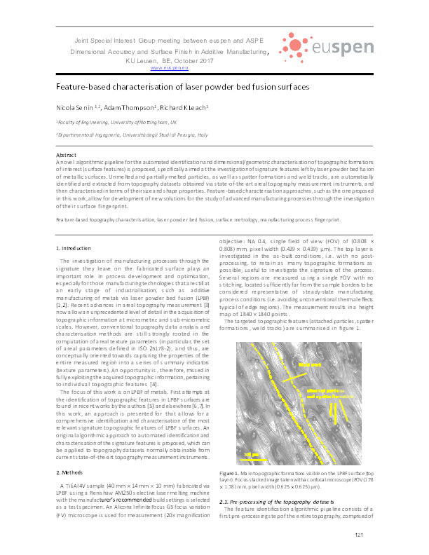 Feature-based characterisation of laser powder bed fusion surfaces Thumbnail