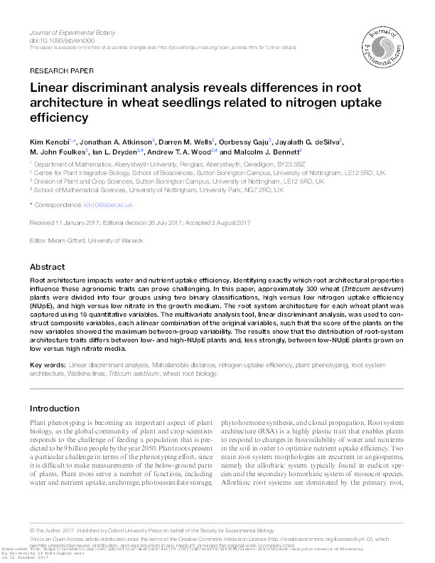 Linear discriminant analysis reveals differences in root architecture in wheat seedlings related to nitrogen uptake efficiency Thumbnail