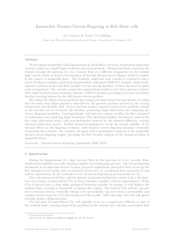 Immiscible thermo-viscous fingering in Hele-Shaw cells Thumbnail